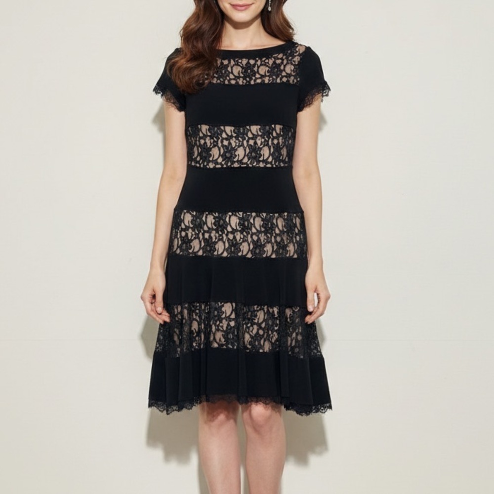 Joseph Ribkoff Black Lace Overlay Striped A-Line Dress SIZE 8